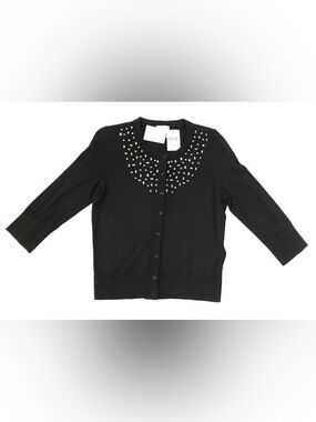 NEW kate spade size L Black Studded Tokyo Grid Crewneck Cardigan Jewel, Sparkle